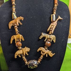 Vintage Carved Wood Bead African Animal Fetish Necklace